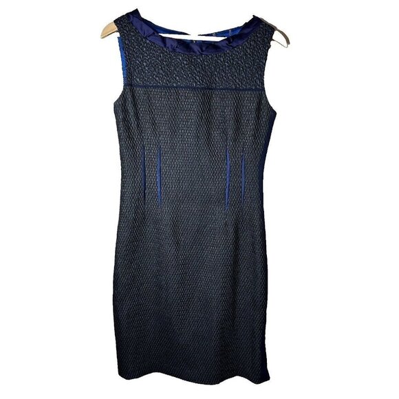 Elie Tahari Women's Navy Blue Textured Boat Neck Sleeveless Sheath Dress Size 10 - Picture 1 of 14